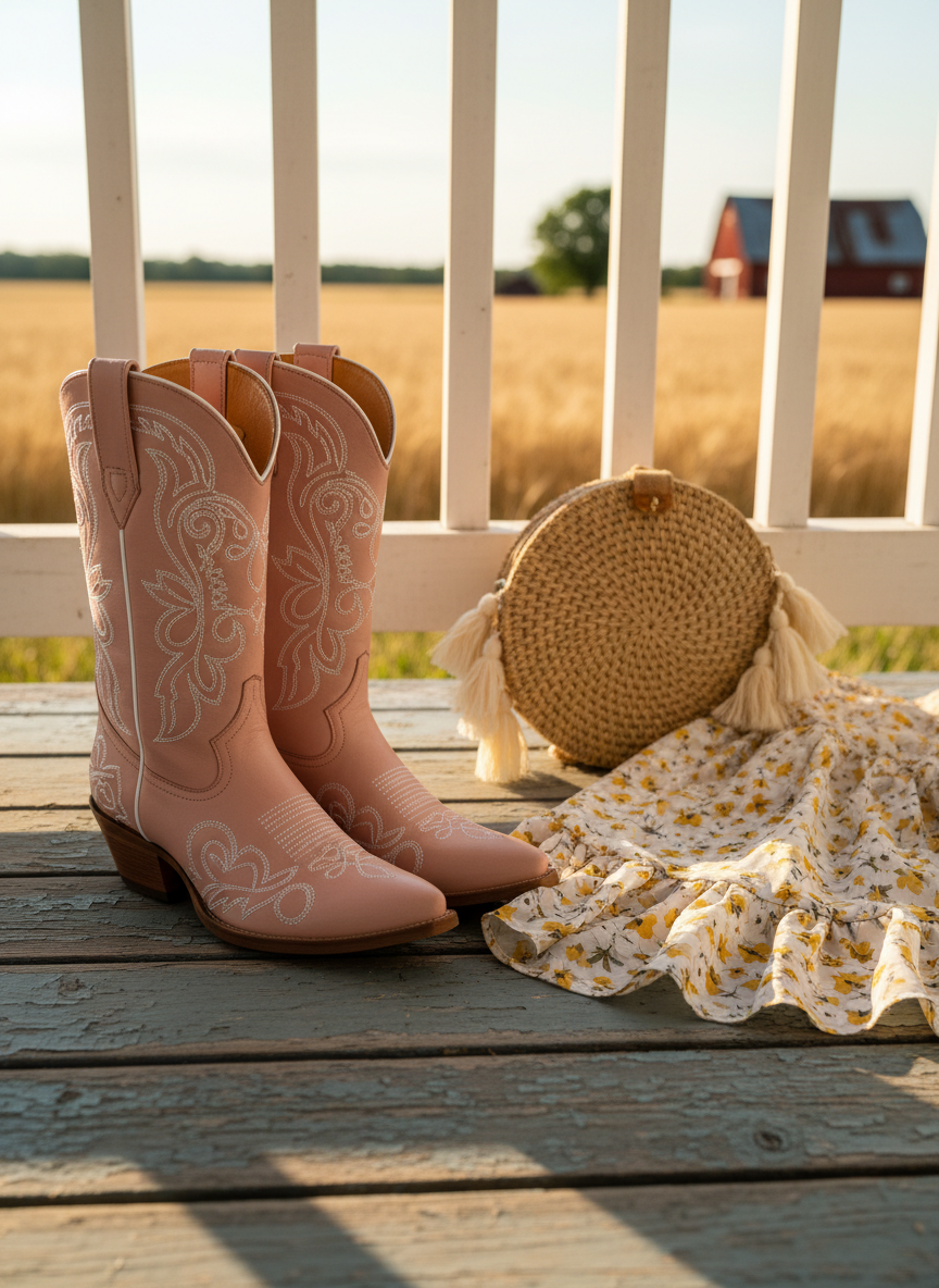 A pair of stylish women’s cowgirl boots in soft blush leather with intricate white embroidery, positioned on a weathered farmhouse porch floor of peeling gray-blue paint. Next to the boots, a folded floral midi skirt with ruffled hem and a woven straw clutch with playful tassels hint at a complete outfit. Beyond the porch railing, blurred golden fields and a distant red barn suggest open country. Golden hour light bathes the scene in a warm glow, creating long, gentle shadows and subtle highlights on the embroidery. Photographic realism, shot from a low, slightly angled perspective with the boots in sharp focus and the background softly blurred, conveying a dreamy, feminine, country-chic mood for a fashion lookbook.