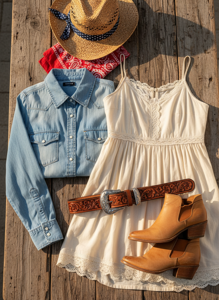 A neatly arranged flat lay of women’s country-inspired fashion pieces on a sun-bleached reclaimed wood table. A soft chambray button-up with pearly snaps lies partially folded beside a cream lace-trimmed sundress, a tooled leather belt with an ornate silver buckle, and a pair of gently scuffed tan ankle boots. A straw cowgirl hat with a playful polka-dot ribbon rests at the top edge, while a floral cotton bandana peeks out from beneath. Warm afternoon sunlight pours in from the left, creating soft highlights on the leather and subtle shadows between fabric folds. Photographic realism, shot from a true overhead angle with sharp focus throughout, evoking a playful yet polished country-living mood perfect for a women’s fashion brand homepage.