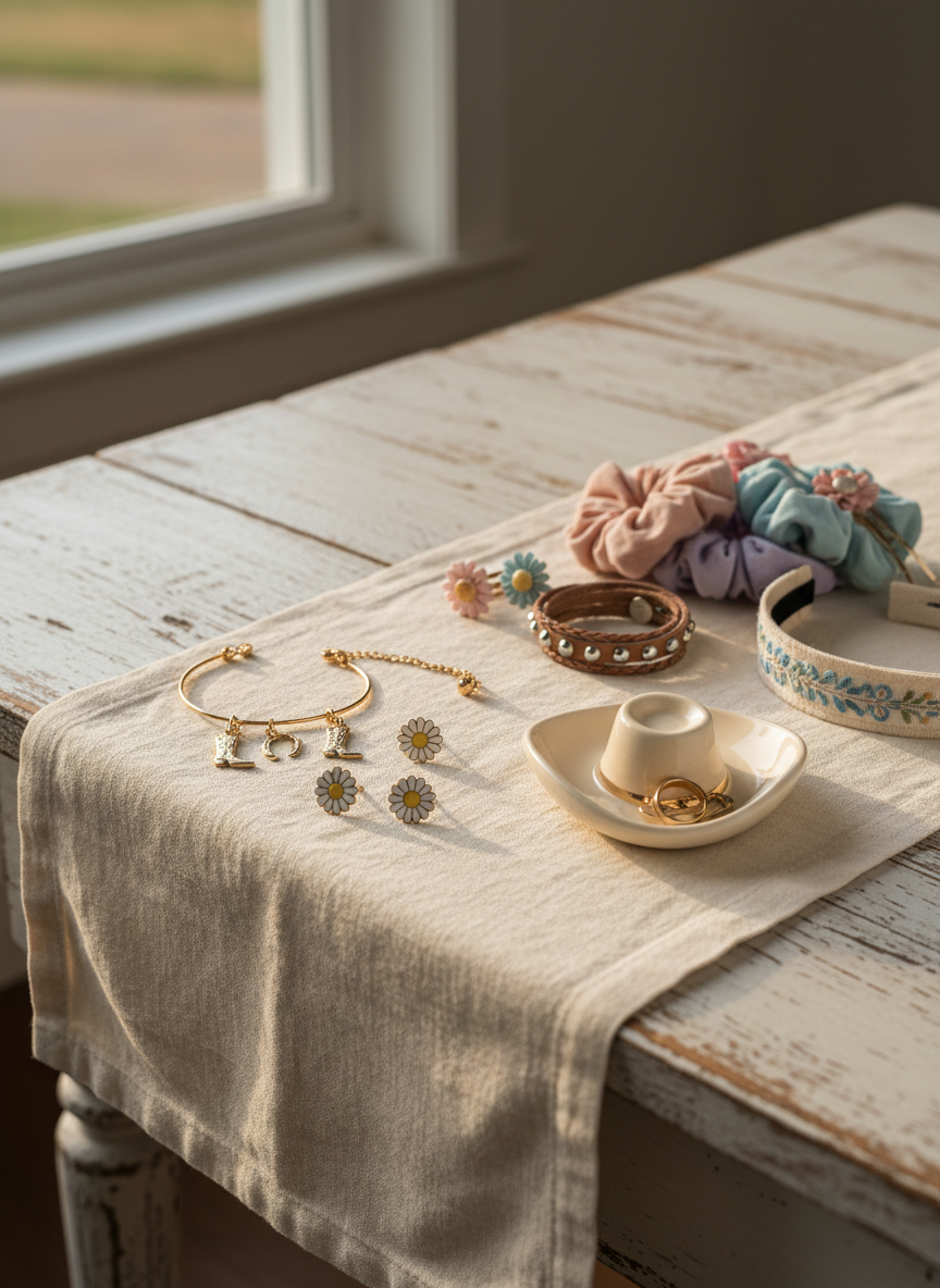A whimsical still life of country-inspired jewelry and hair accessories laid out on a soft linen runner atop a farmhouse table. Delicate gold charm bracelets with tiny boot and horseshoe motifs, enamel daisy stud earrings, and a thin leather wrap bracelet with silver studs are arranged in a loose, organic pattern. Nearby, pastel scrunchies, floral hair clips, and a narrow embroidered headband add playful pops of color. A ceramic ring dish shaped like a tiny cowboy hat anchors the composition. Late-afternoon natural light streams in from the side, creating sparkling highlights on metal surfaces and gentle shadows that emphasize texture. Photographic realism, shot from a slightly elevated angle with a shallow depth of field, evoking a lighthearted, feminine, country-luxe mood ideal for an accessories collection feature.
