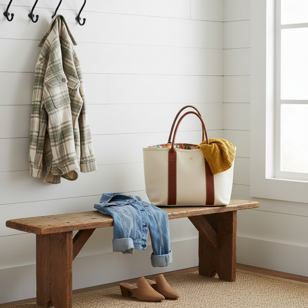 A small country entryway scene focusing on a wooden bench styled with women’s outerwear and bags. A light denim jacket with rolled cuffs is draped casually over one end, while a soft plaid shacket in cream and sage hangs from a rustic hook above. On the bench, a structured canvas tote with leather handles sits open, revealing a peek of floral lining and a folded knit scarf in mustard yellow. A pair of tan slip-on mules rest neatly below. Soft, overcast daylight enters from the right, creating an even, flattering light with minimal harsh shadows. Photographic realism, composed with rule-of-thirds balance and moderate depth of field, conveying an approachable, everyday country lifestyle fashion vibe.