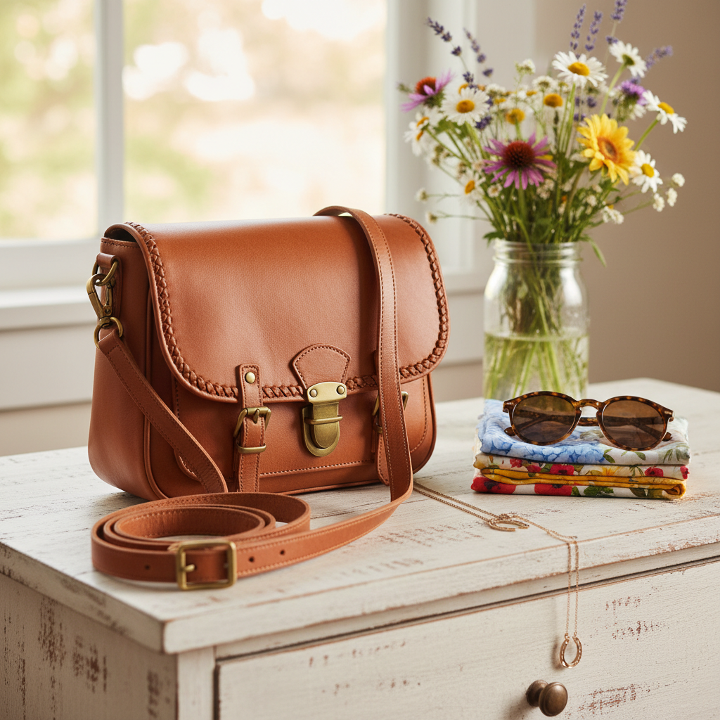 A close-up of a rustic whitewashed dresser surface styled with women’s accessories that hint at country living. A caramel leather crossbody bag with braided details and brushed brass hardware sits center, its strap curling playfully across the frame. Beside it, a stack of floral-print silk scarves, a pair of tortoiseshell sunglasses, and a simple gold horseshoe pendant necklace catch the light. In the background, slightly out of focus, a mason jar filled with wildflowers adds a touch of color. Soft morning window light creates gentle reflections on the metal accents and a cozy, inviting atmosphere. Photographic realism, eye-level composition with a shallow depth of field and a light, playful mood suited to a women’s fashion accessories page.
