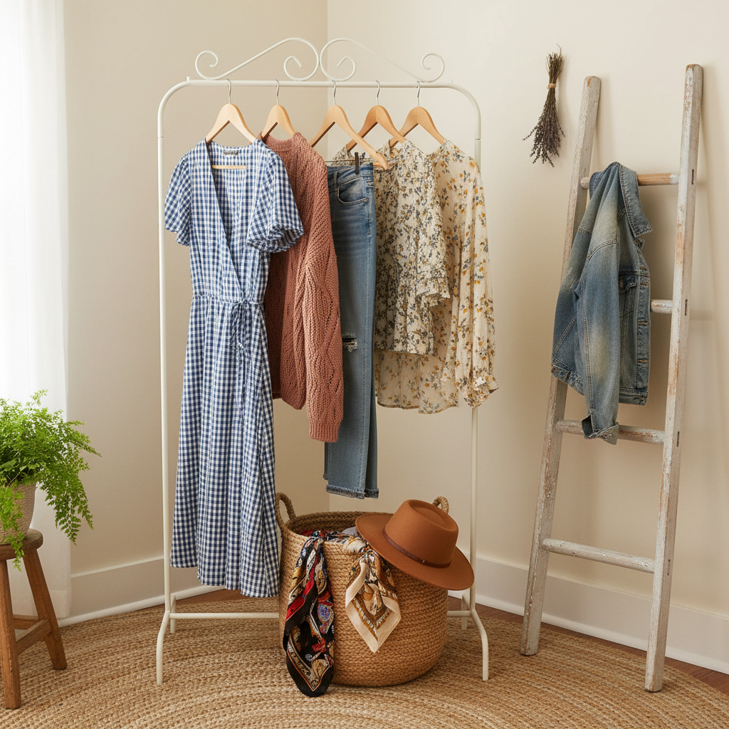 A charming bedroom corner styled as a country-living dressing nook, focused on a vintage white metal clothing rack holding a curated selection of women’s outfits. A gingham wrap dress, a soft cable-knit cardigan in dusty rose, high-waisted light-wash jeans, and a floral blouse hang on mismatched wooden hangers. Below, a woven storage basket spills over with playful patterned scarves and a felt wide-brim hat. A jute rug and a distressed ladder with a draped denim jacket complete the scene. Diffused daylight filters through an unseen window, casting a gentle, even glow with soft shadows. Photographic realism, captured at eye level with a slightly off-center composition, creating a warm, playful, and approachable atmosphere for a boutique-style fashion site.